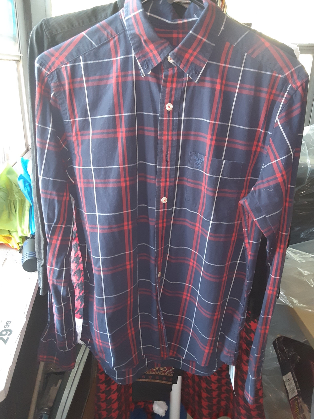 American Eagle Outfitters Navy and Red Plaid Button-Down Shirt